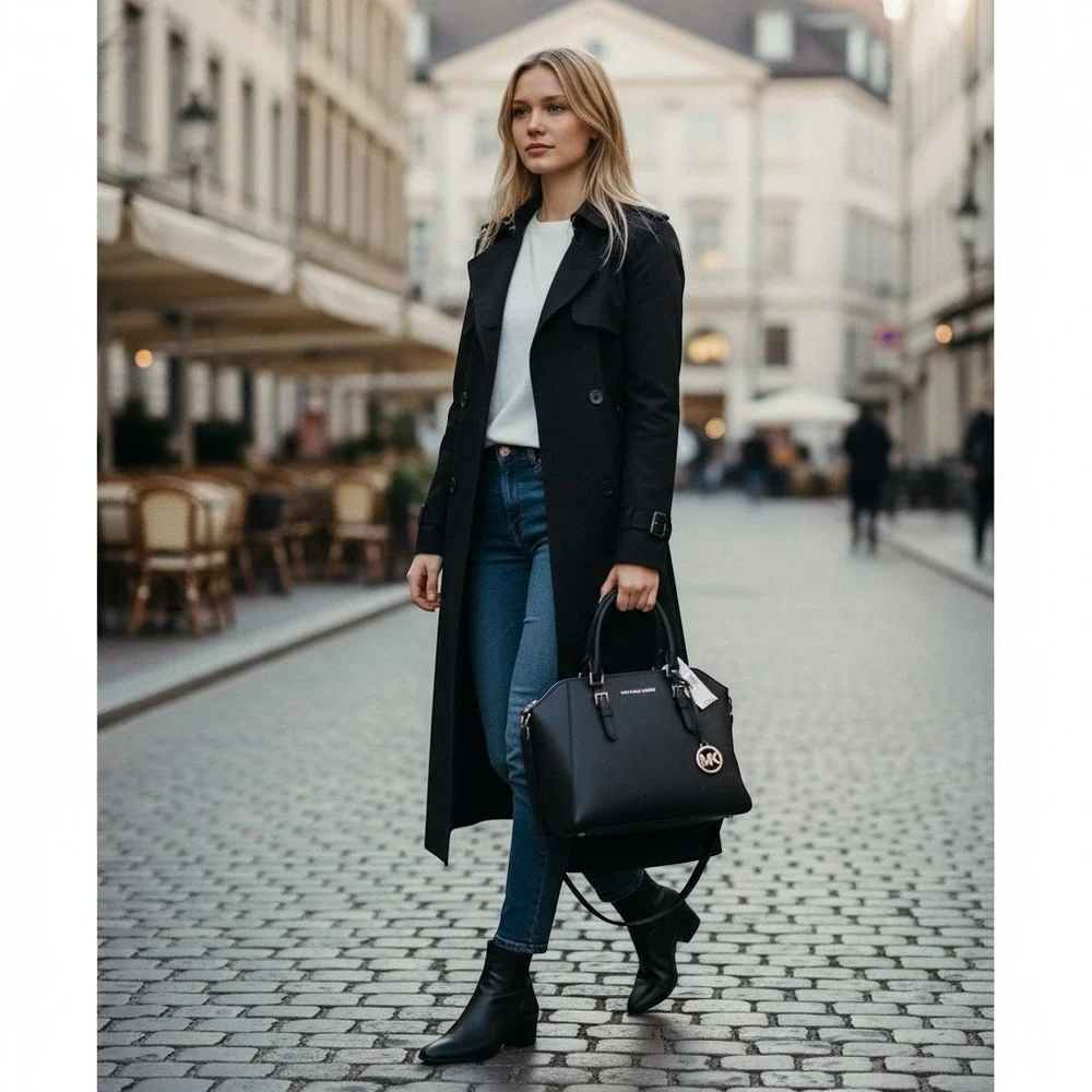 Michael Kors Ciara Large Top Zip Satchel Black Saffiano Leather 35H5SC6S3L NEW